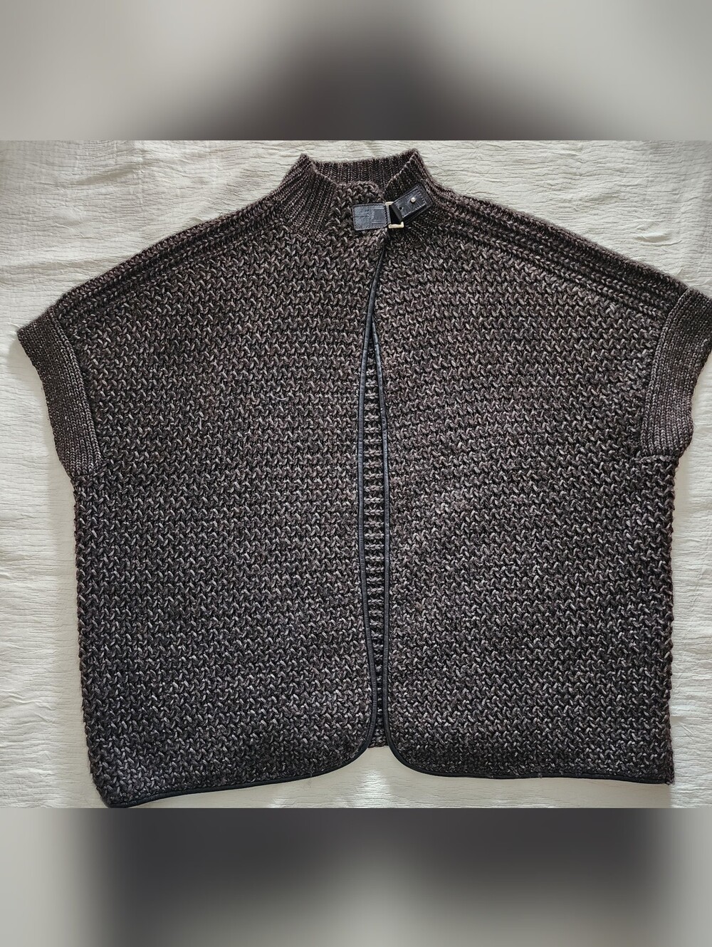Massimo Dutti Brown Melange Knit Cape Vest with Leather Trim